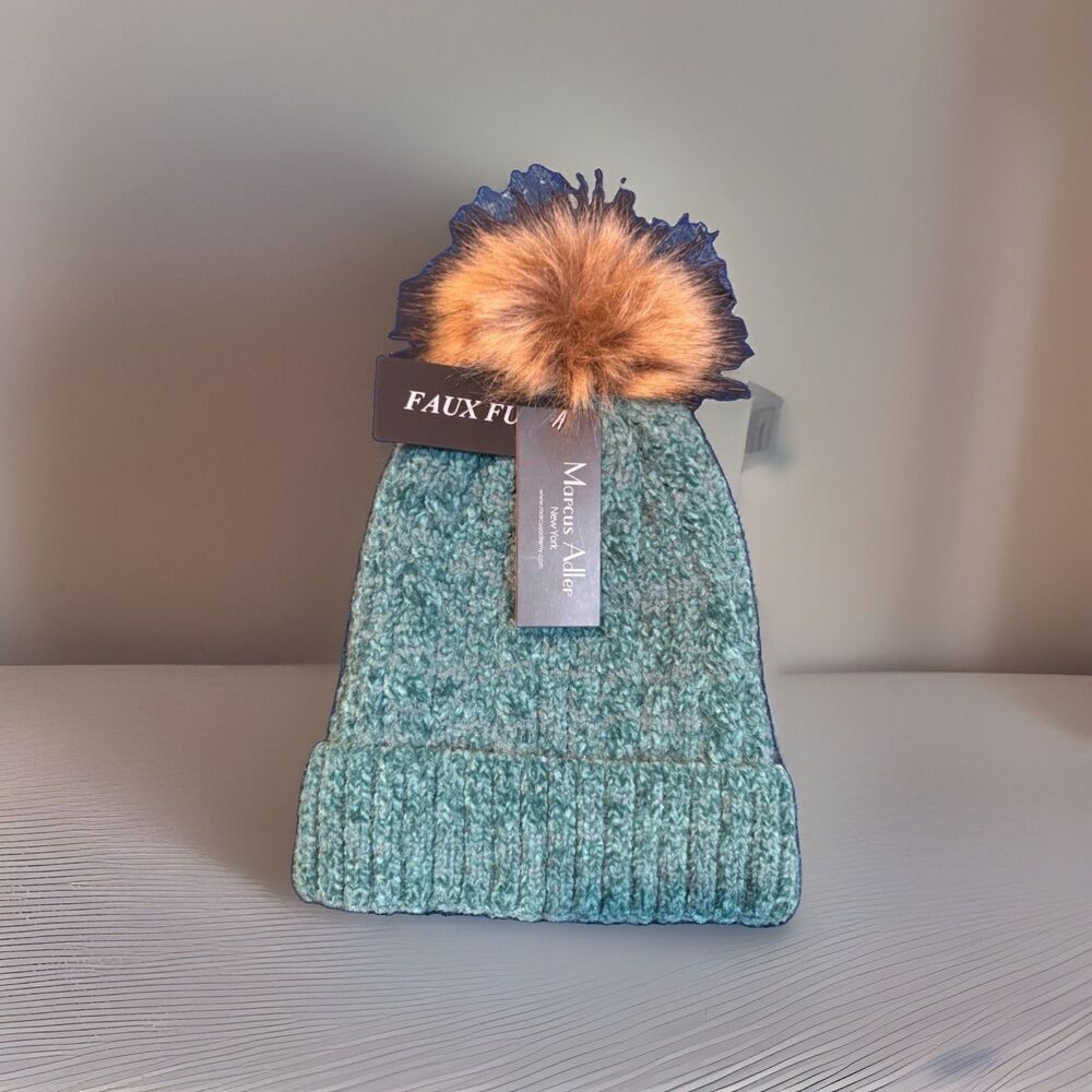 Marcus Adler Blue Solid Knit Beanie Hat w/ Lined Pom Pom One Size Winter
